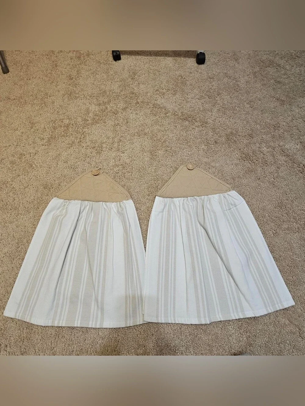 2 Handcrafted Potholders Attached To Towels | White + Tan | Stripes
